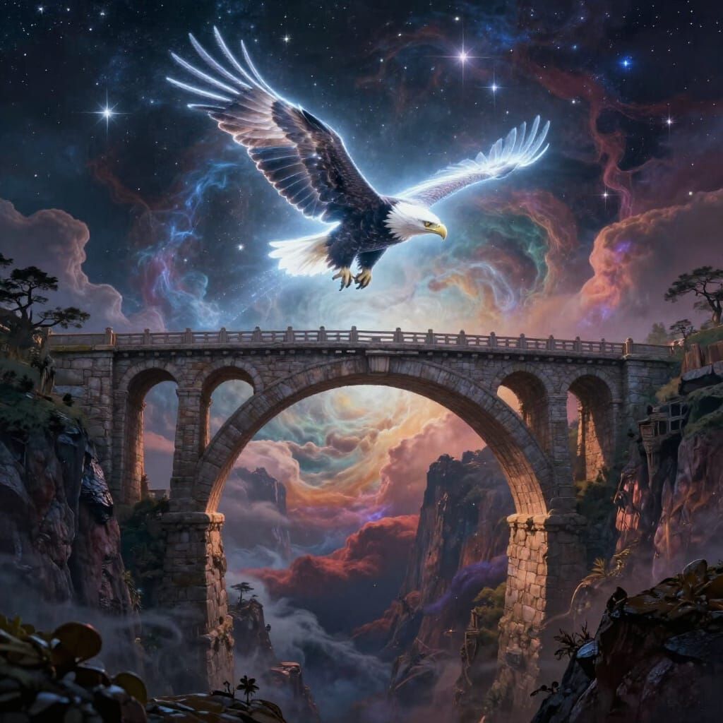 Ancient Bridge Over Nebula Chasm with Starlight Eagle