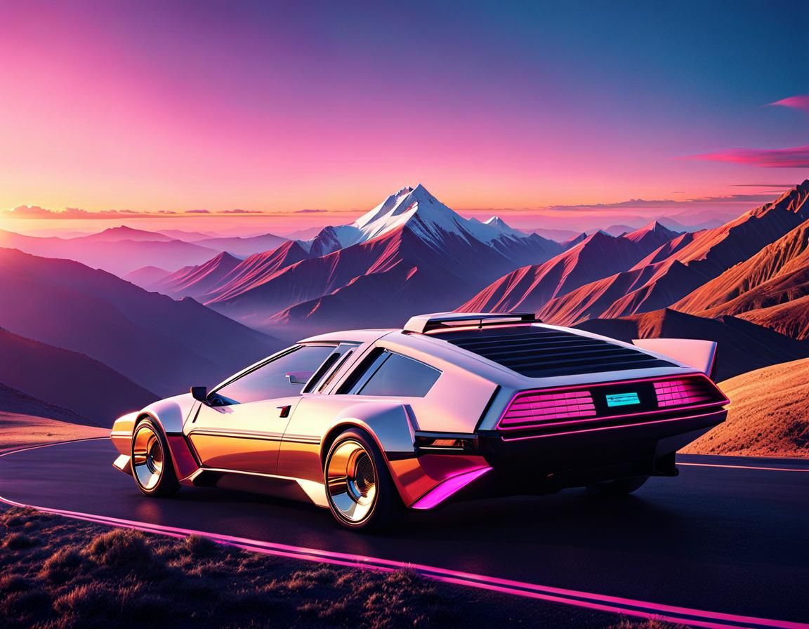 Futuristic Retrowave Car on Mountain Top