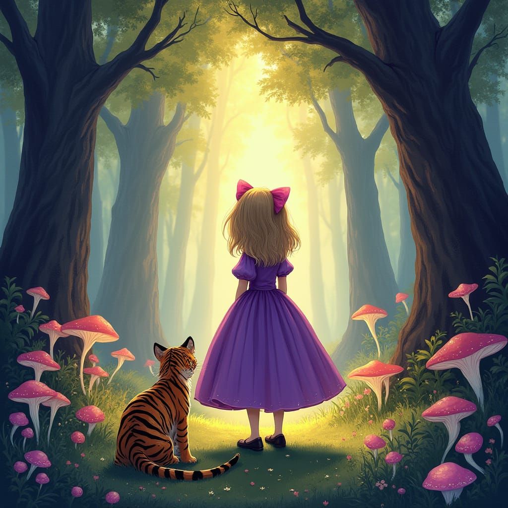 Girl in Purple Dress with Cat and Tiger in Magical Forest