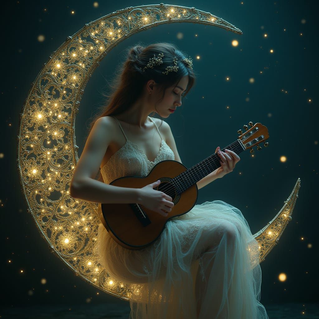 Ethereal Goddess on Crescent Moon with Lute