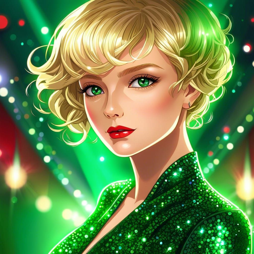 Anime Woman with Emerald Eyes on Red Carpet