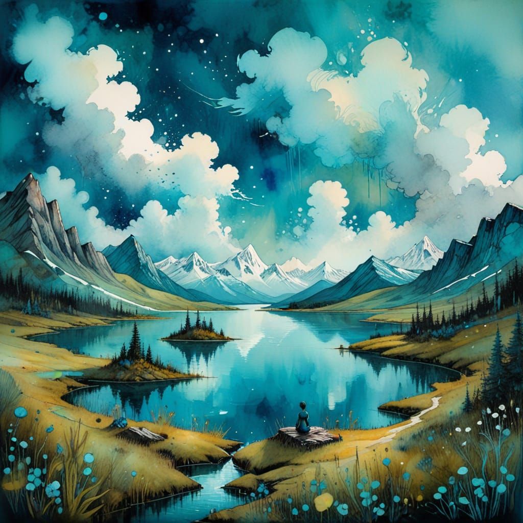 Ethereal Lake Landscape in Whimsical Watercolor