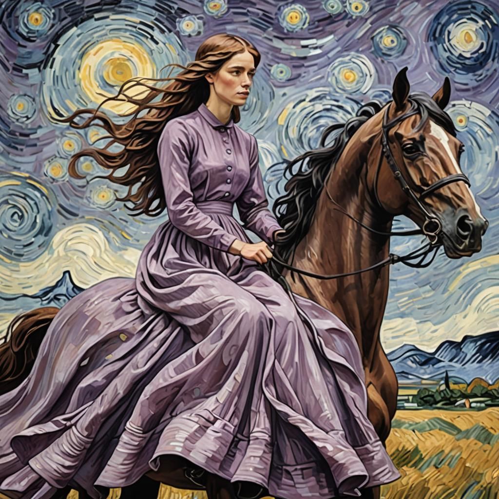 French Girl on Stallion in Van Gogh Style
