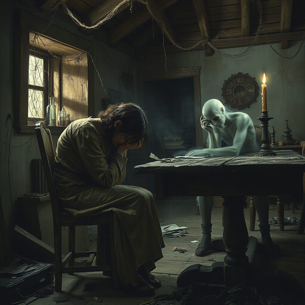 Haunting Dark Fantasy Illustration of Grief in Dilapidated C...