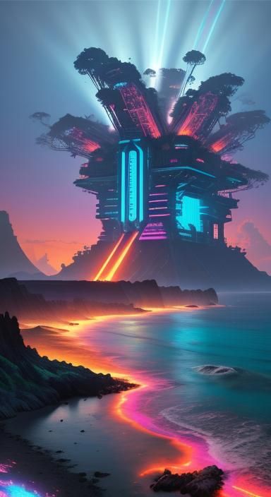 Tropical Cyberpunk Fortress on Volcanic Island