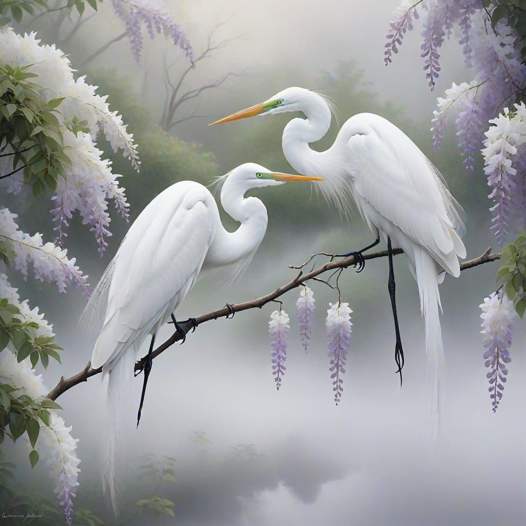 Great Egrets in Misty Morning, Soft White Palette