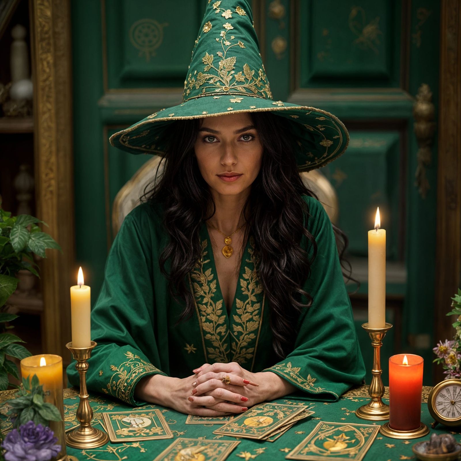 Dark-Haired Witch Reads Tarot Cards at Table