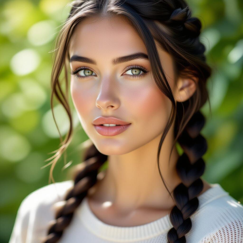Realistic Woman with Braided Hair in Garden