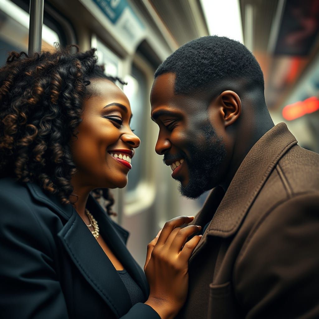 African American Couple Connects on NYC Train in Hyperrealis...