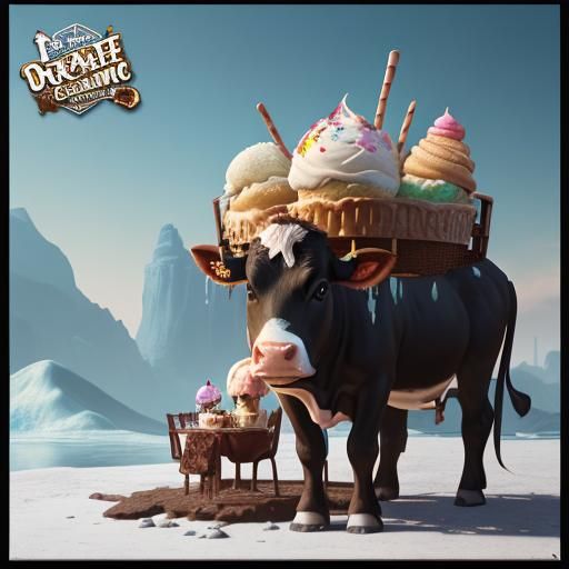 Cow and Ice Cream Sundae: Detailed Fantasy Art