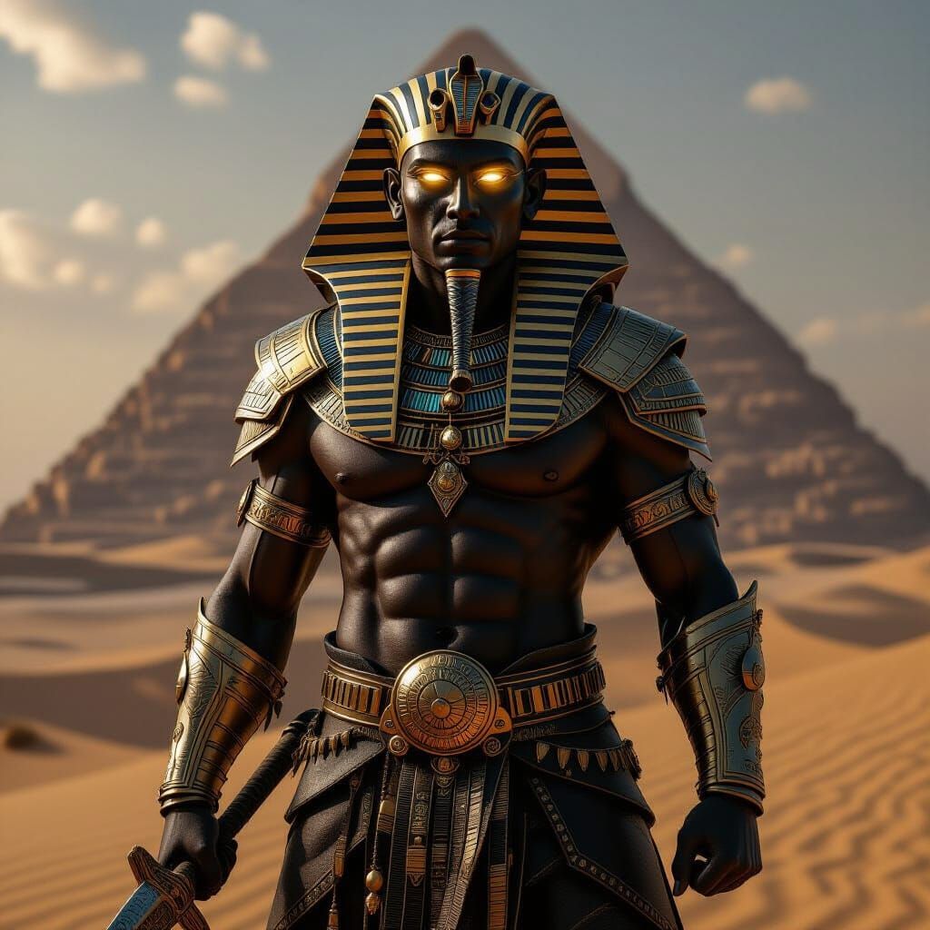 Egyptian God in Fantasy Armor with Glowing Eyes