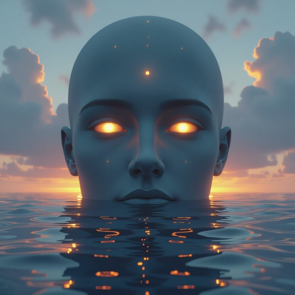 Ethereal Giant Head Silhouette Above Glowing Ocean