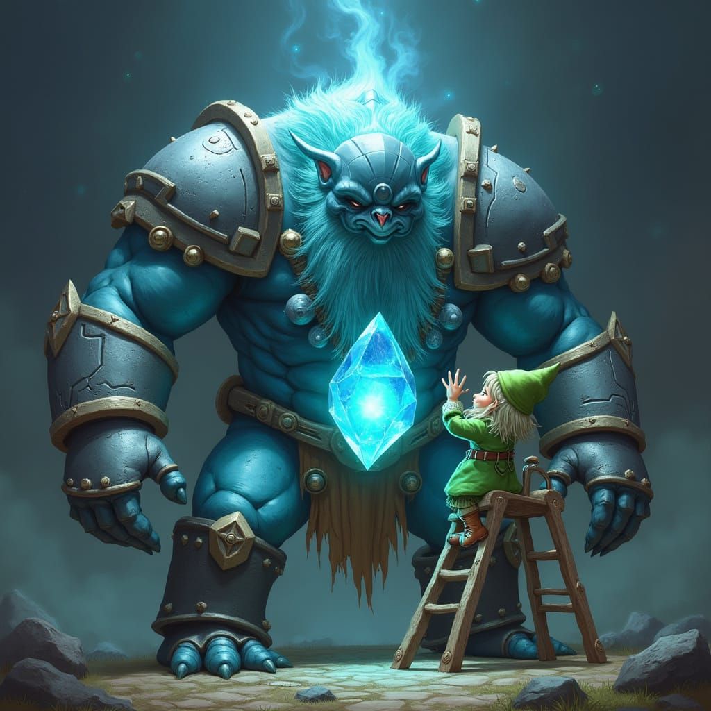Gnome Installs Glowing Crystal Heart in Giant War Golem
