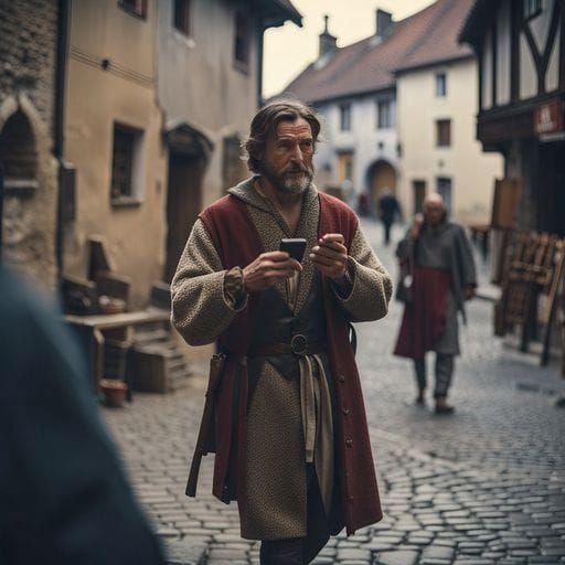 Medieval Village Street Scene with Modern Twist