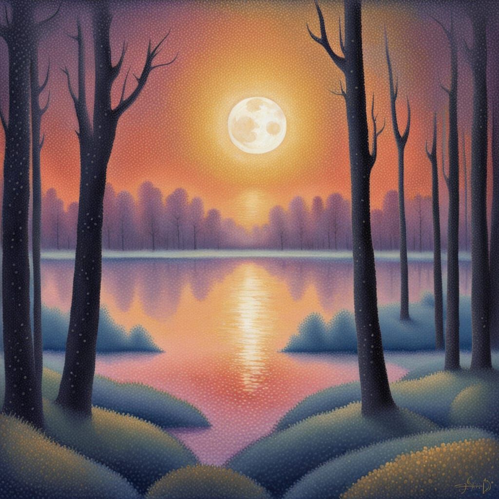 Moonlit Forest Landscape in Pointillist Style