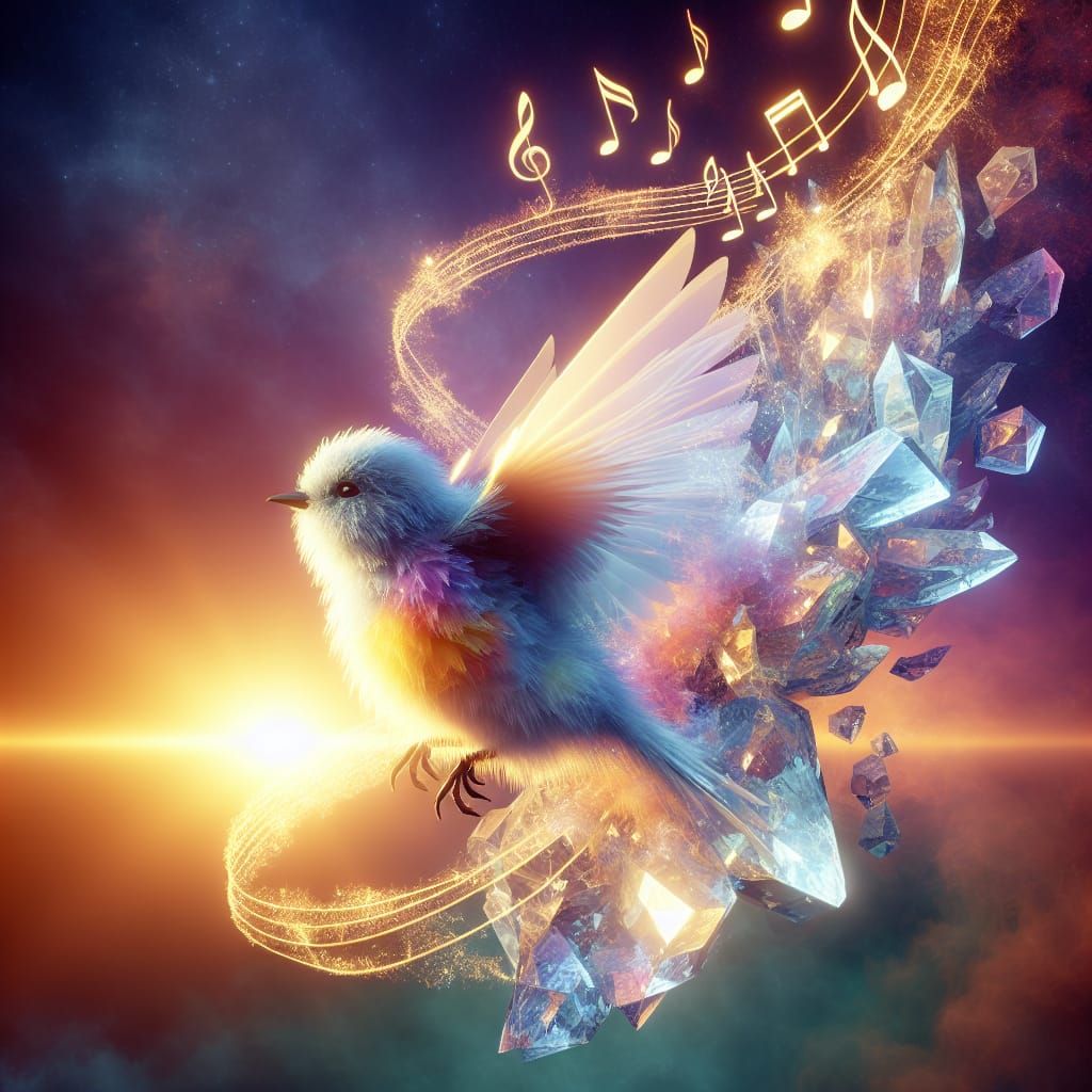 Crystal Music Notes Surround Singing Bird at Sunrise