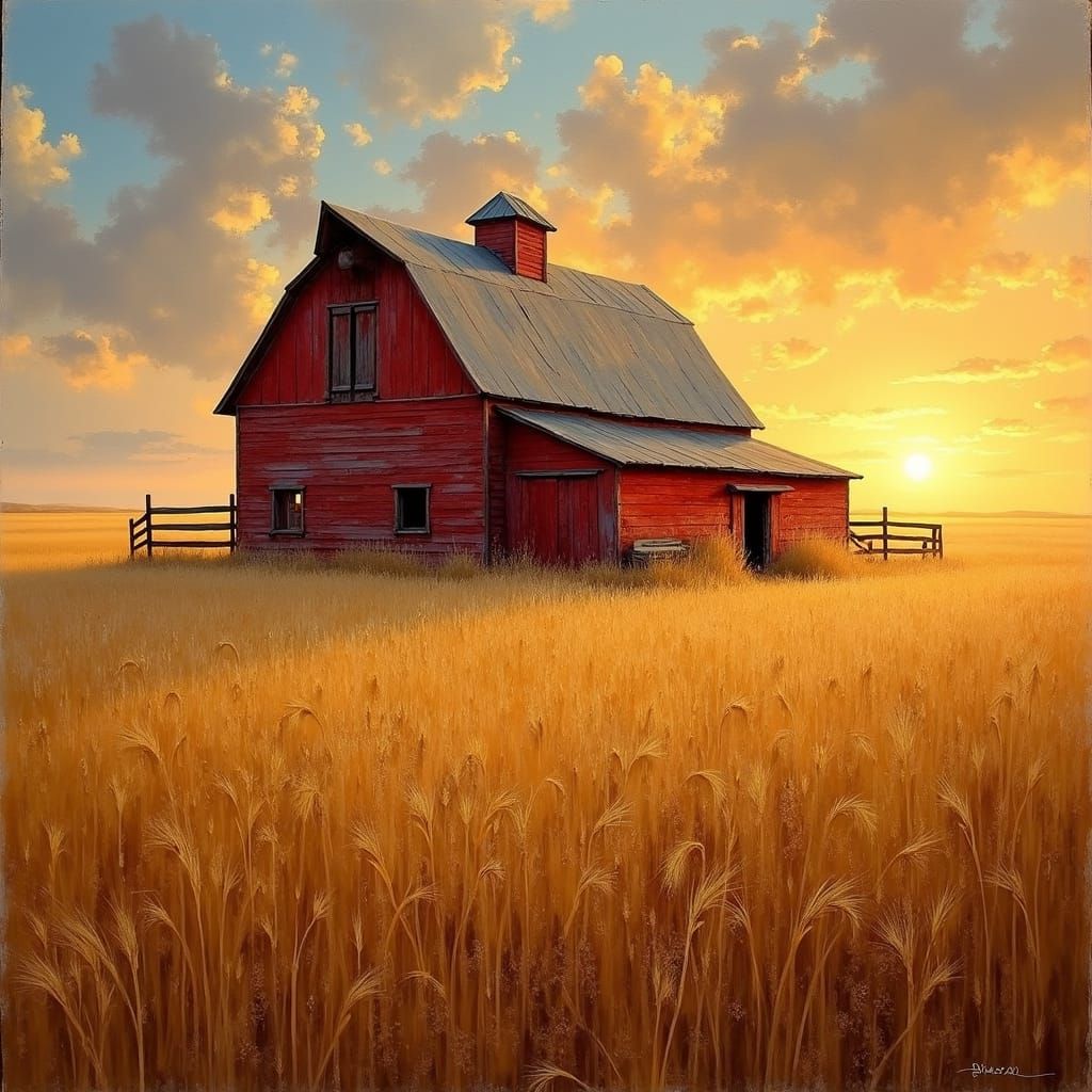 Red Barn in Kansas Wheat Field at Sunset