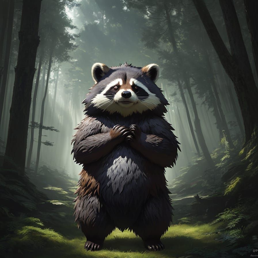 Beaver-Raccoon Hybrid Creature in Dappled Forest Light