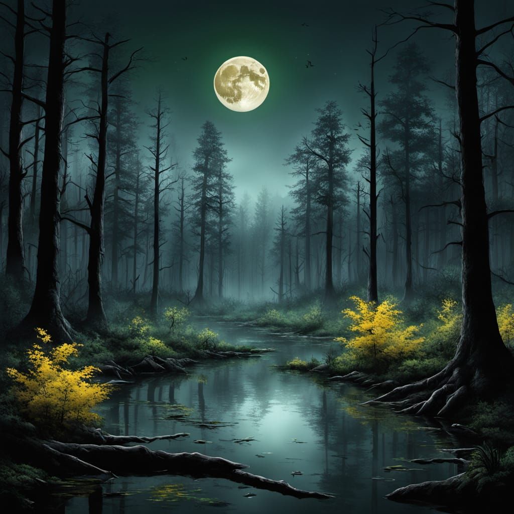 Take a picture in an eerie forest setting, a kind of swamp, with dim colors of black, dark green, dark blue, gray, and y...
