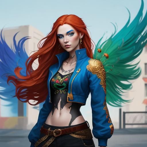 Dragon Woman with Peacock Eyelashes in Street Art Style