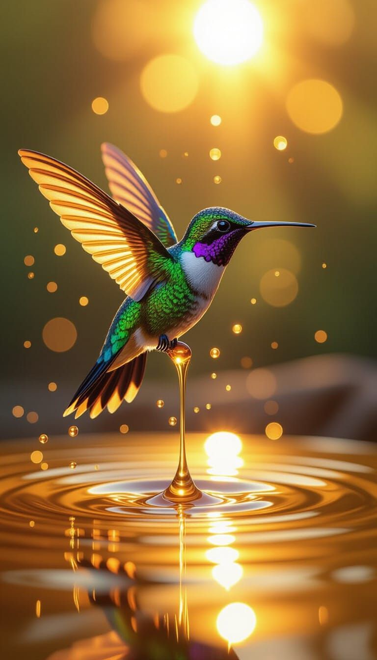 Hummingbird Made of Honey Descends into Golden Pool