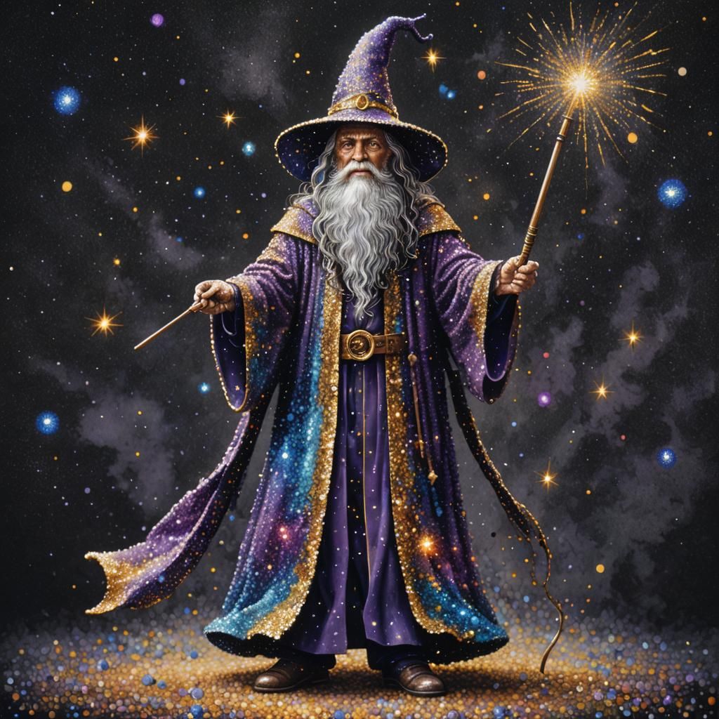 Wizard with Magic Wand in Pointillism Style