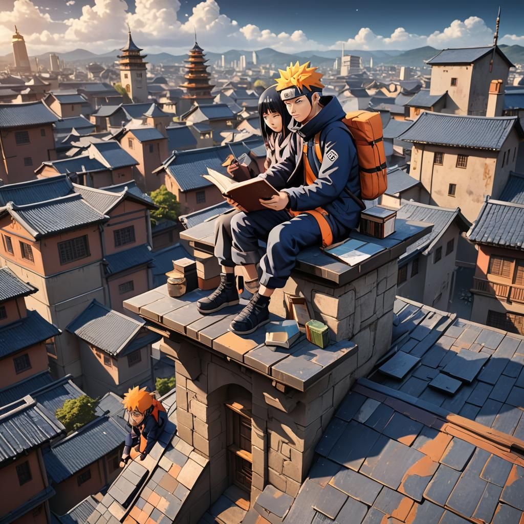 Naruto and Hinata Reading on a Rooftop