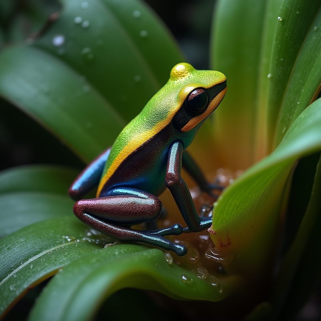 Rainforest Poison Dart Frog in Tropical Bromeliad