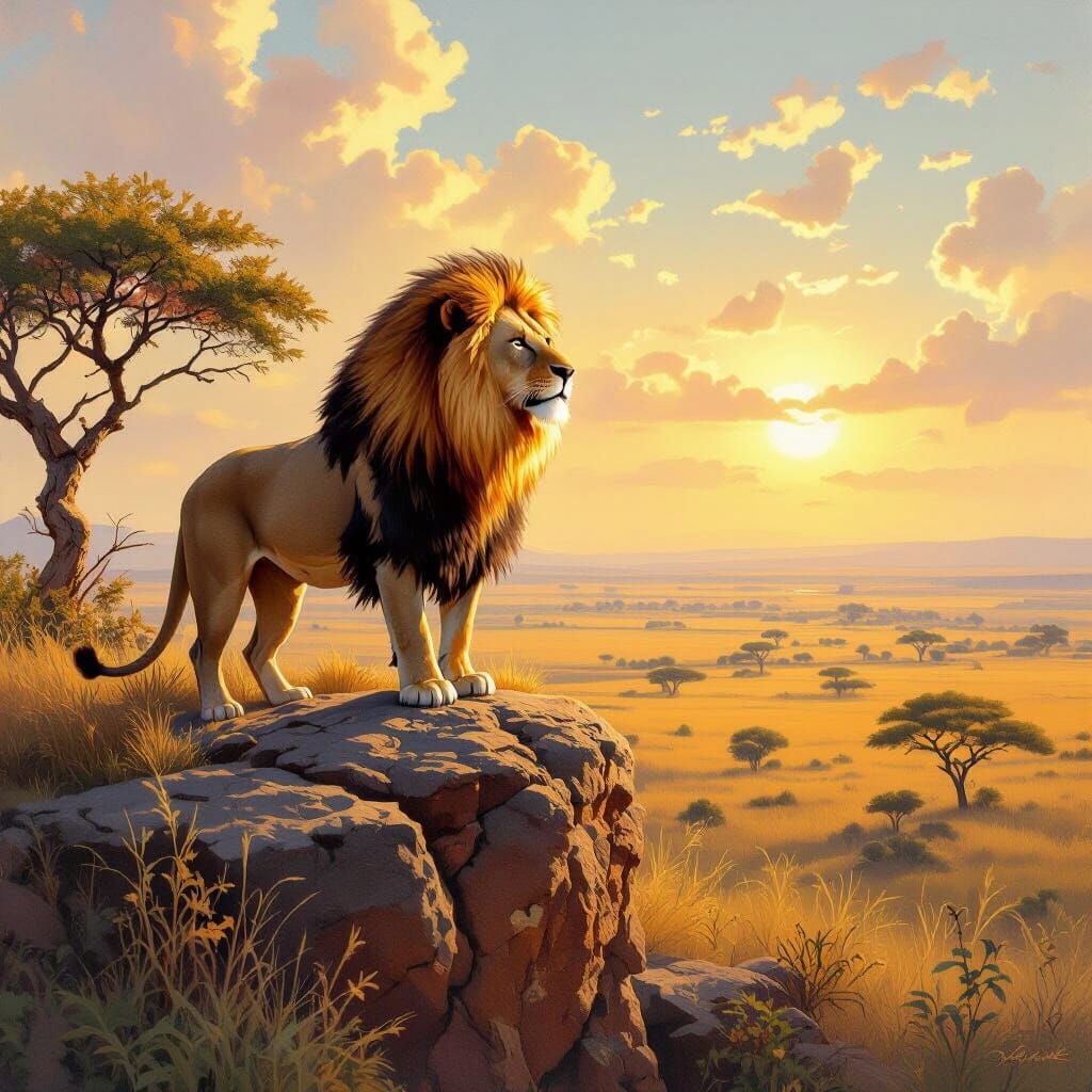 Lion Overlooking Savanna in Wildlife Art Style