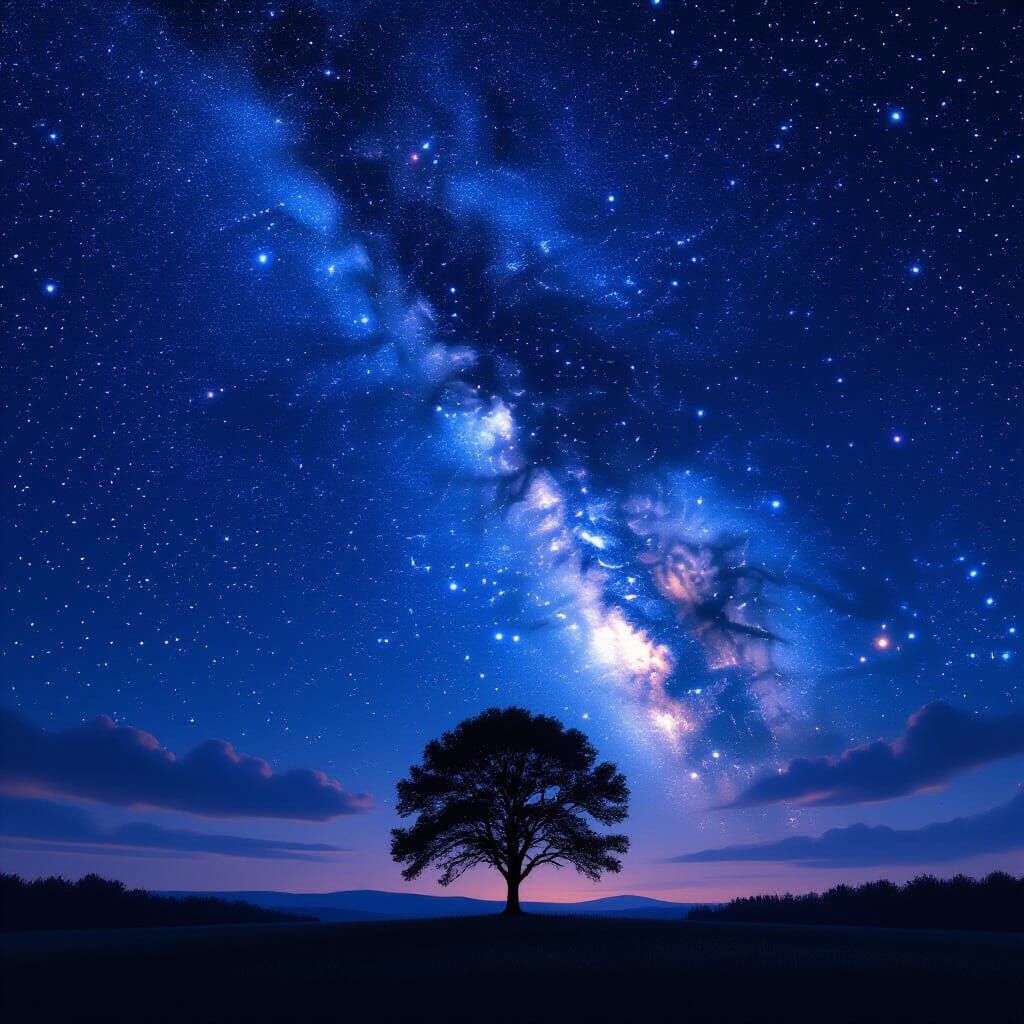Starlit Tree Under Milky Way, Digital Art