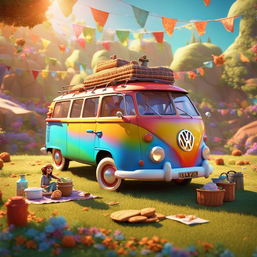 Female Hippie Volkswagen Picnic: 3D Digital Art