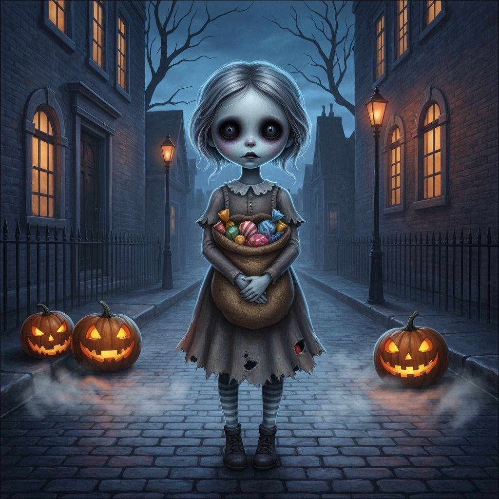 Ghostly Girl with Candy on Halloween Night