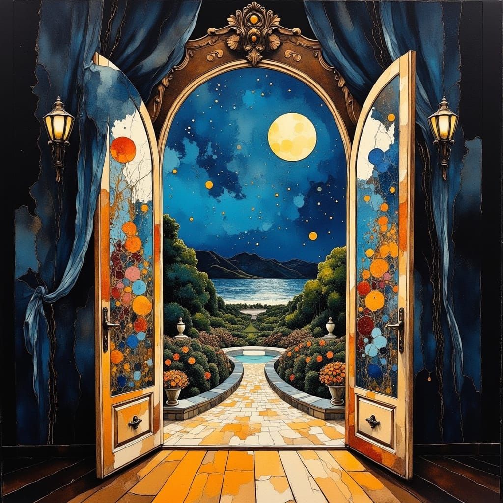 Moonlit Garden Nighttime Scene in Vibrant Street Art Style