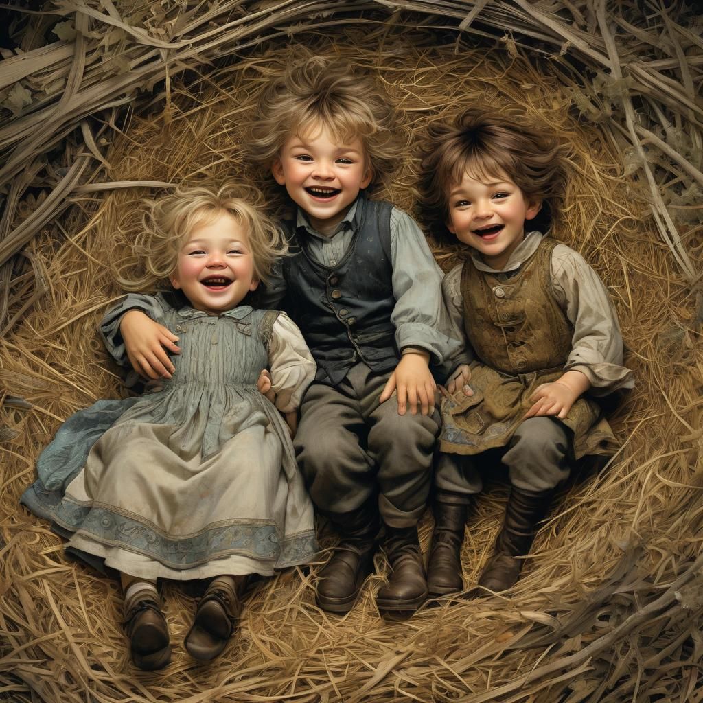 Cute Siblings Laughing in Hay, Fantasy Illustration