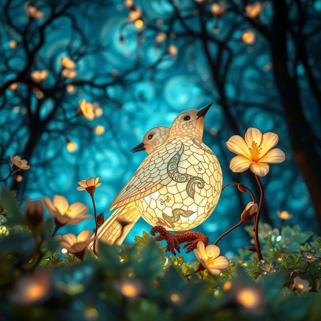 Luminous Bird with Porcelain Features in Surreal Style
