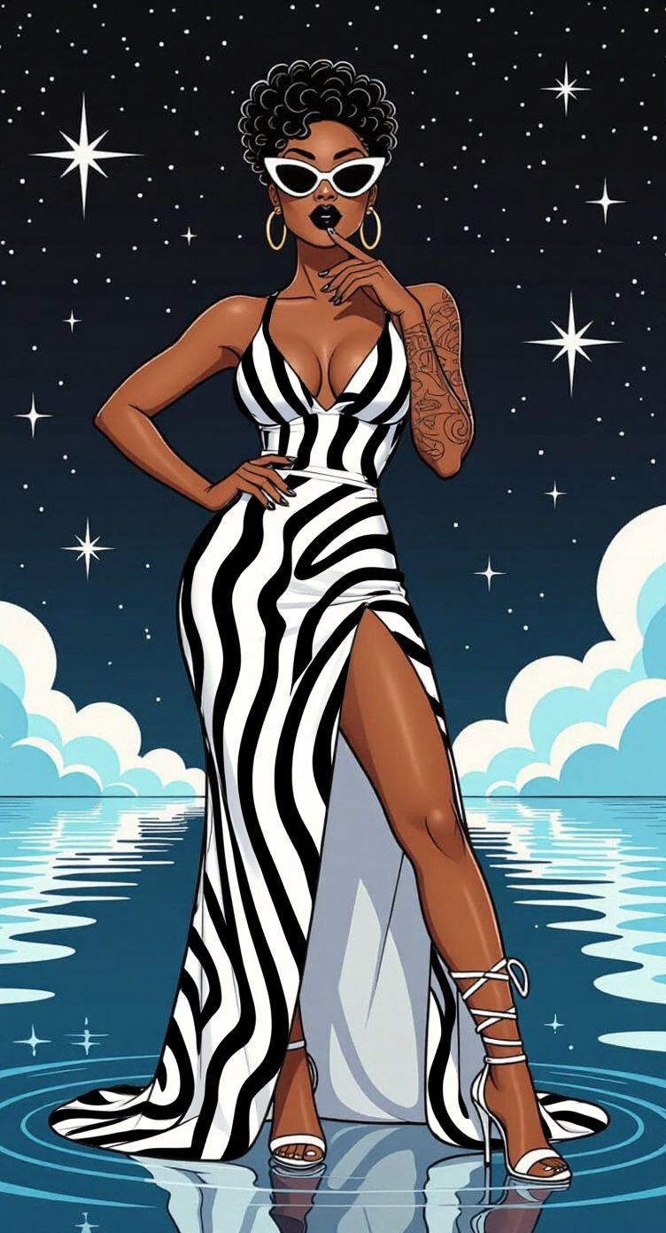 Black Woman in White Dress with Galaxy Background