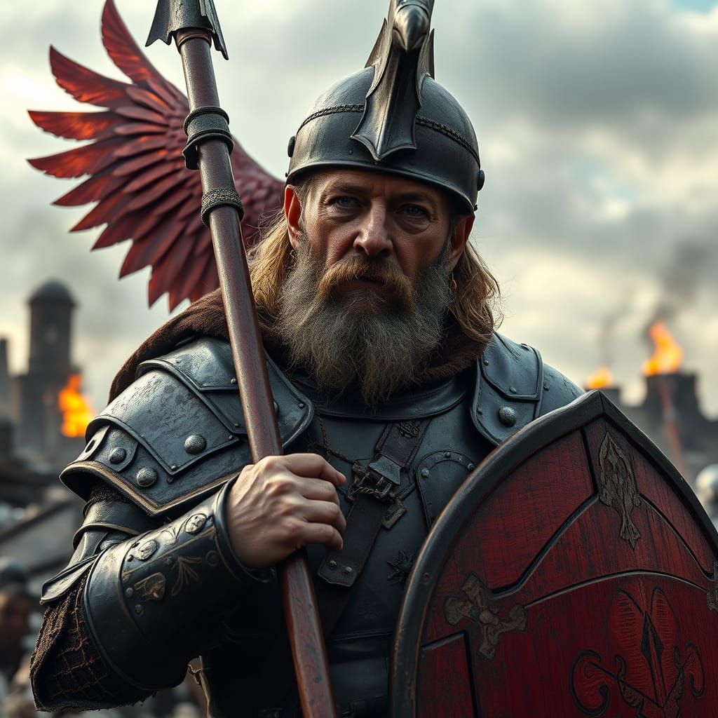 Battle-Worn Elder Leans on Spear in Ruins