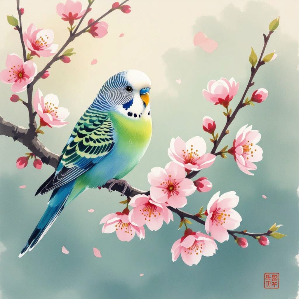 Budgie on Cherry Blossom Tree in Watercolor Style