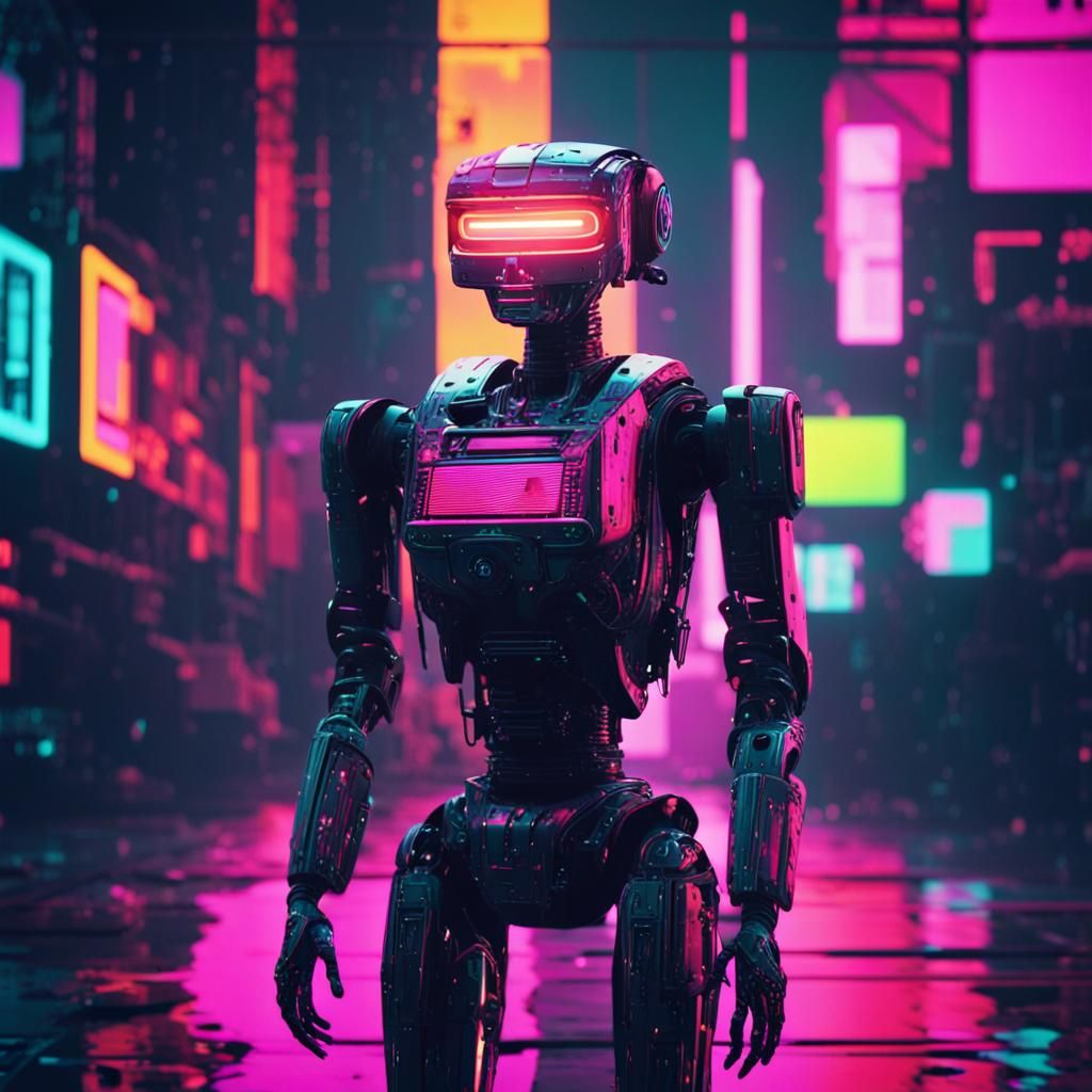 Neon Cybernetic Robot in Dystopian Cityscape