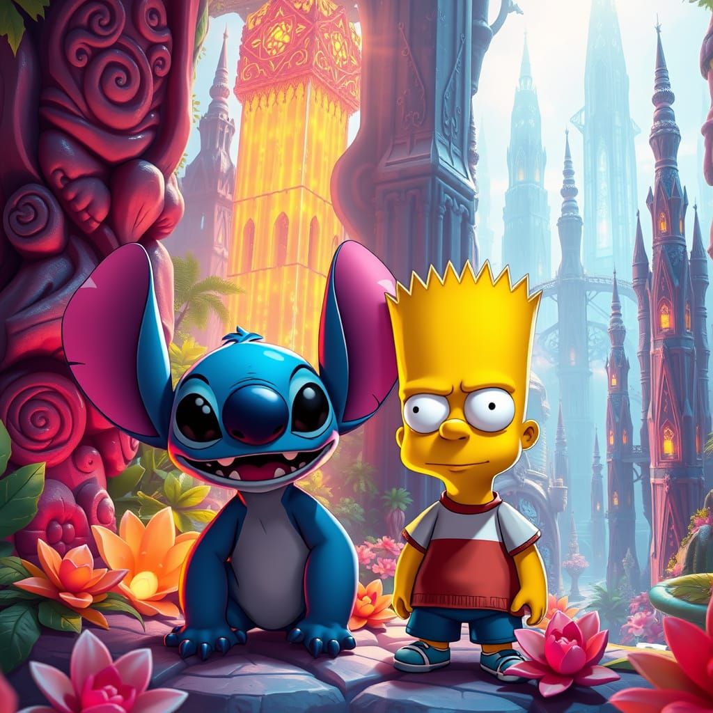 Surreal Fantasy Realm with Stitch and Bart Simpson
