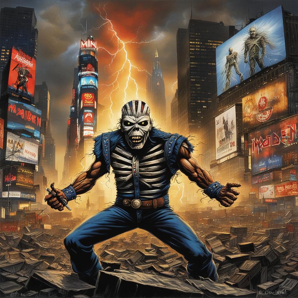 Eddie Iron Maiden in destroyed Times Square lightning background sky with an Iron Maiden t shirt