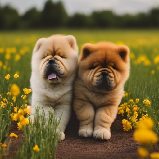 Chow Chow Puppies in a Flower Field