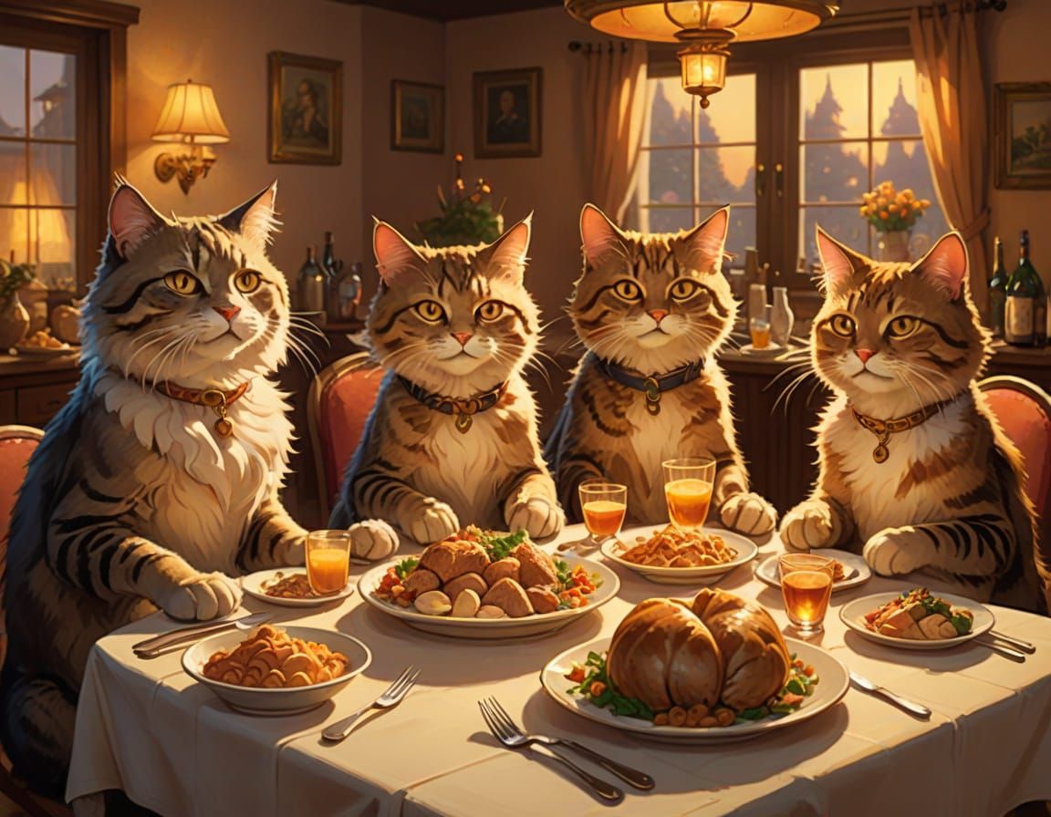 Whimsical Cat Family Enjoying a Decadent Feast