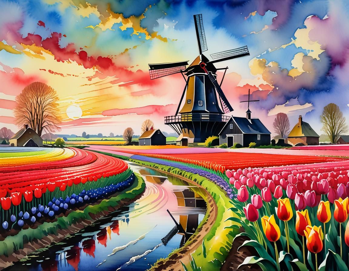 Dutch Windmill in Tulip Fields: Gouache Impressionism