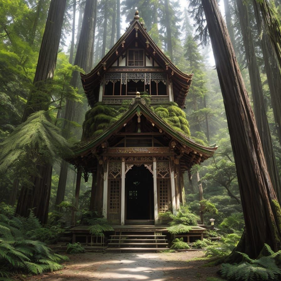 Dilapidated Pagoda Archway in Redwood Forest