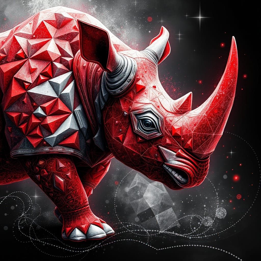 Red and Silver Rhino in Ink Flow Art