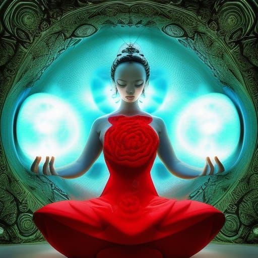 Meditative Figure Amidst Roses and Spirits