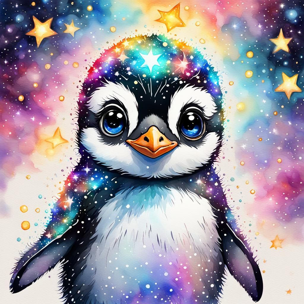Cute Sparkling Penguin in Galactic Nebula, Watercolor Style