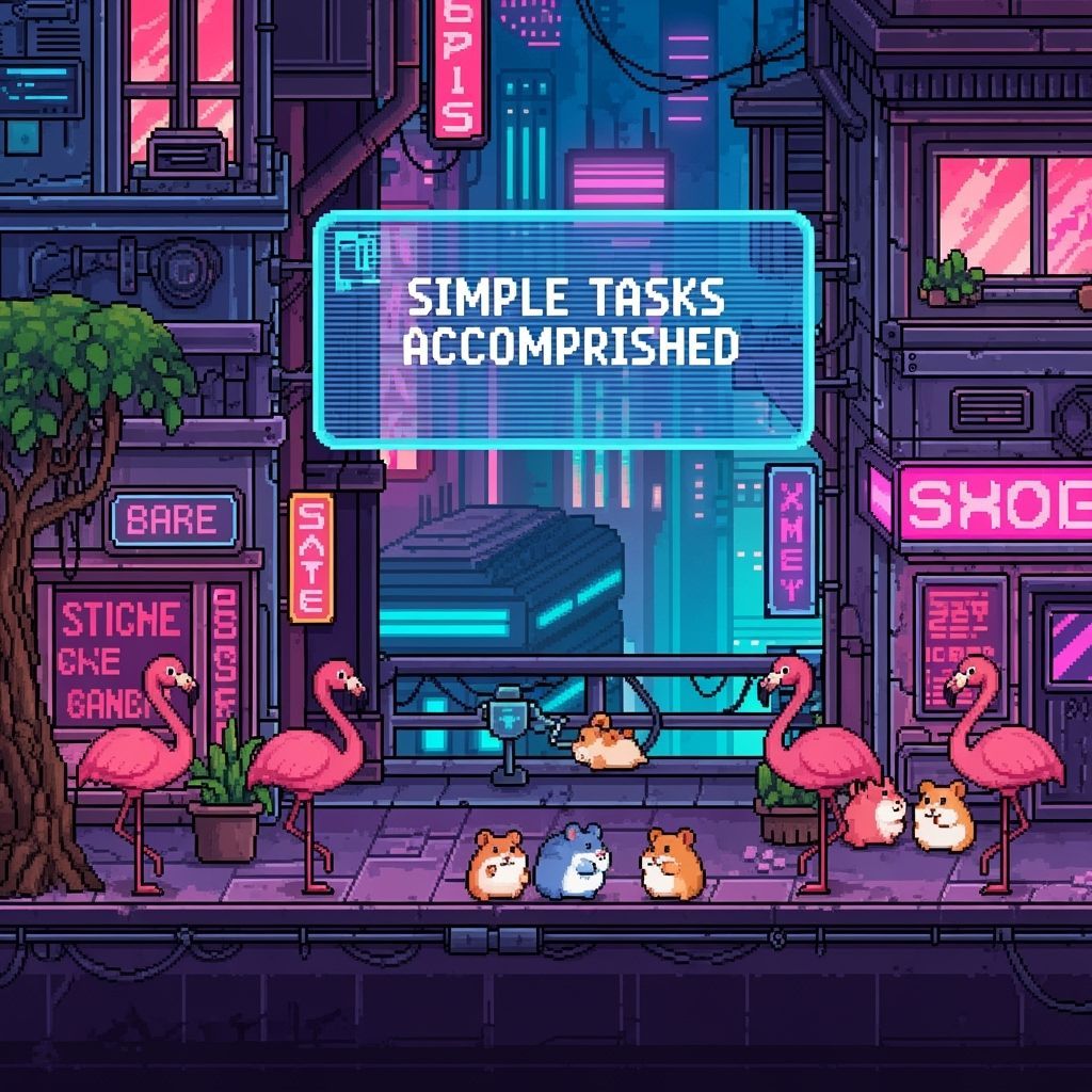 Flamingos and Hamsters in Cyberpunk City: 8-bit Art