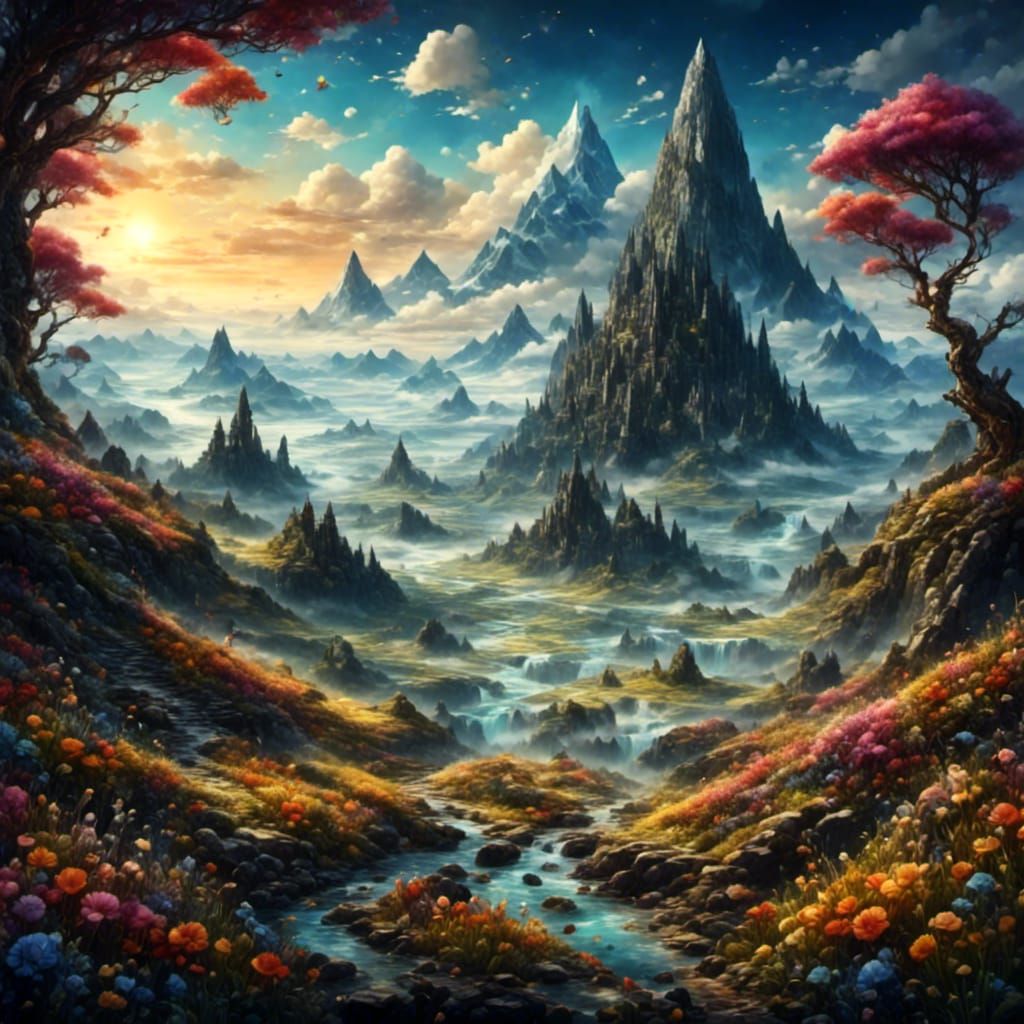 Flowers Bloom in Volcanic Landscape, Watercolor Style